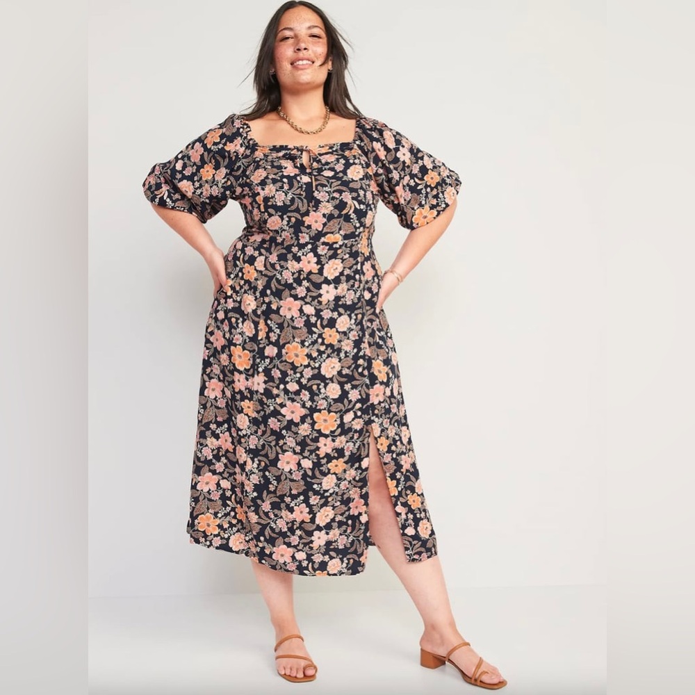 Old Navy Floral Midi Dress Sz 4X Smocked Puff Sleeves Boho Prairie Squared Neck